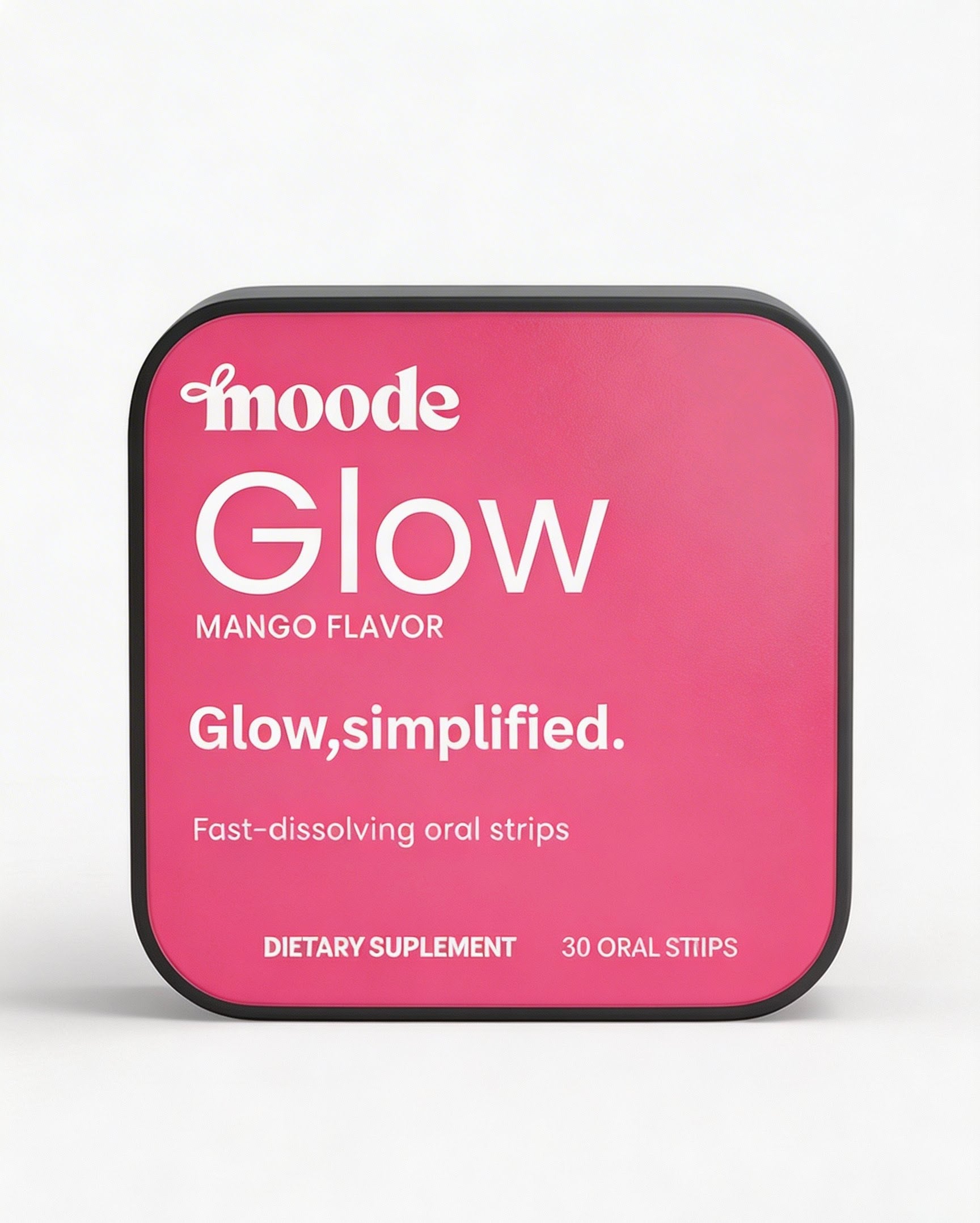 MOODE Glow beauty and skin support collagen oral strips in a pink tin