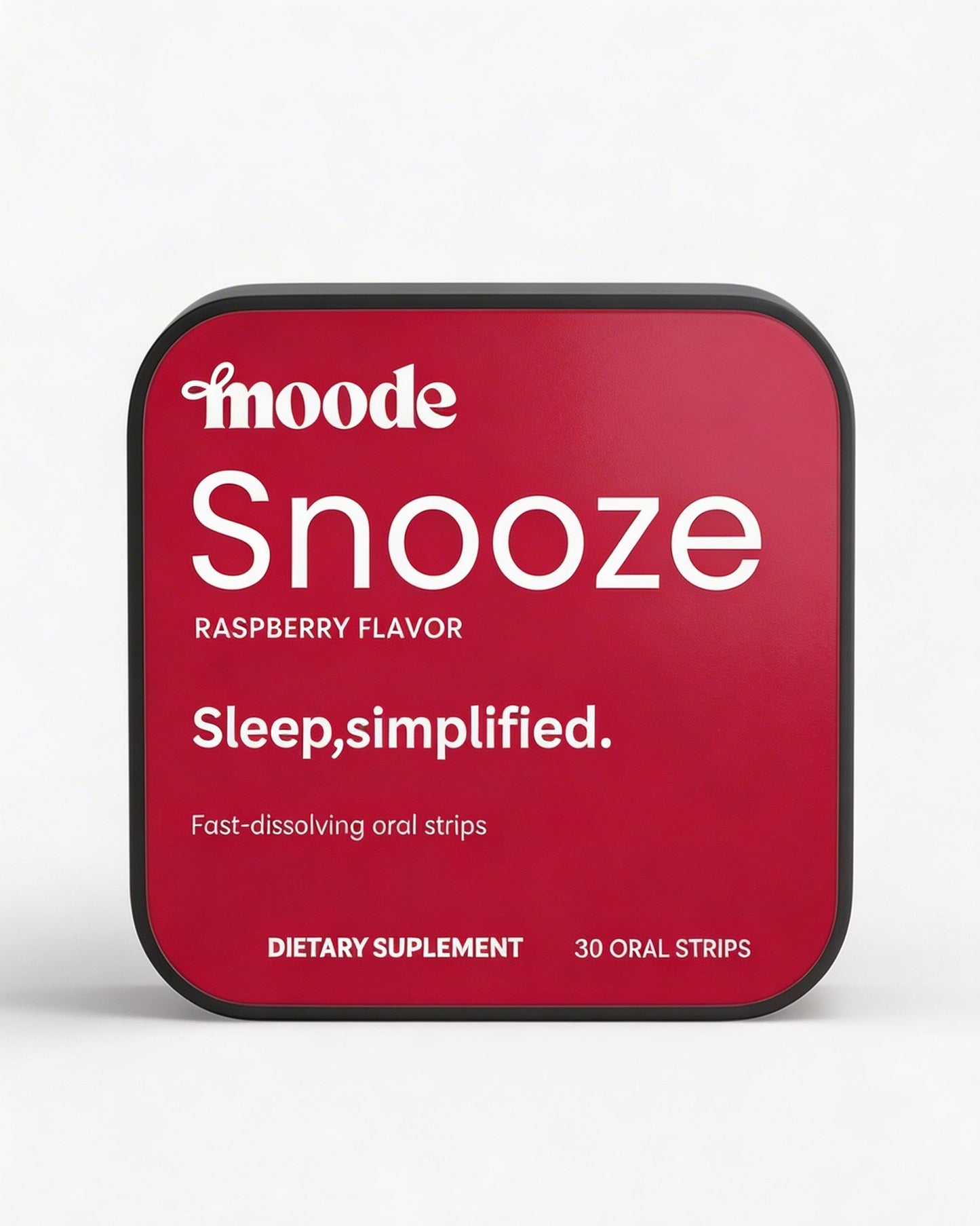 MOODE Snooze deep sleep support melatonin oral strips in a dark red tin